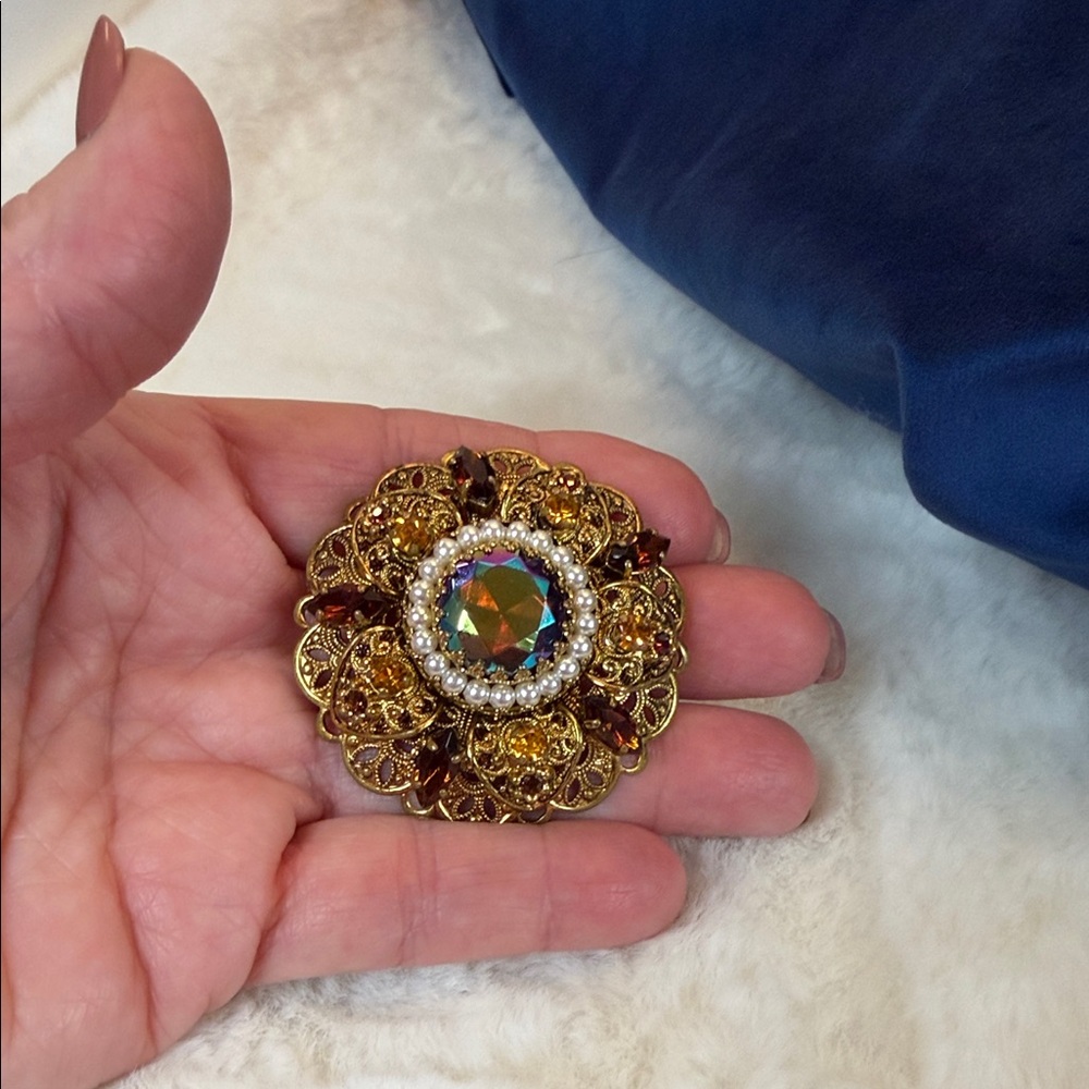 Vintage West Germany Gold and Multicolor Brooch With AB Center Stone - Picture 2 of 9